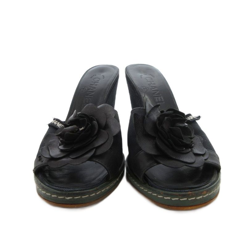 Chanel Camellia Sandals Leather 36.5 Black Wedge Sole Open Toe