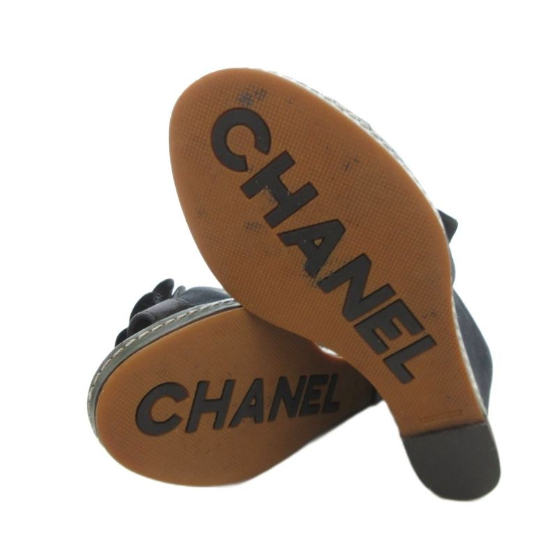 Chanel Camellia Sandals Leather 36.5 Black Wedge Sole Open Toe