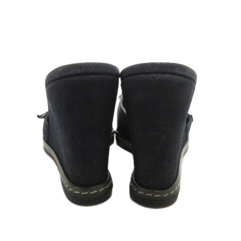 Chanel Camellia Sandals Leather 36.5 Black Wedge Sole Open Toe