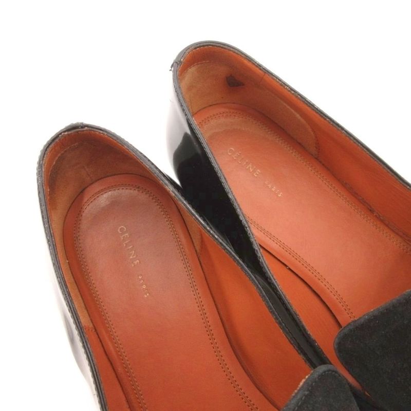 Celine Loafers Slip on Pointed Toe Patent Suede 38 Black