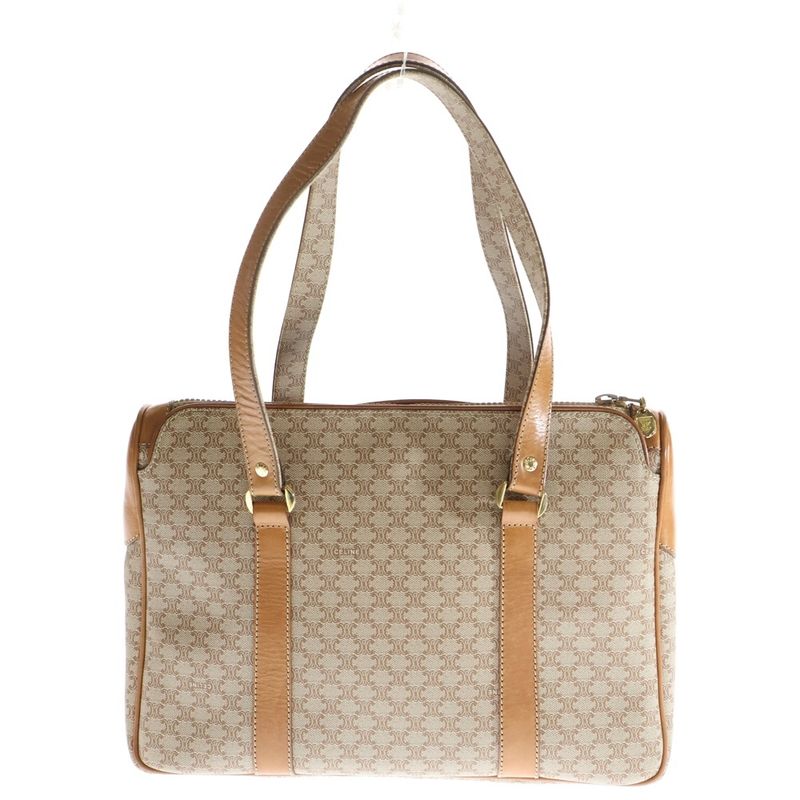 Celine Macadam Handbag Beige Brown Coated Canvas X Leather