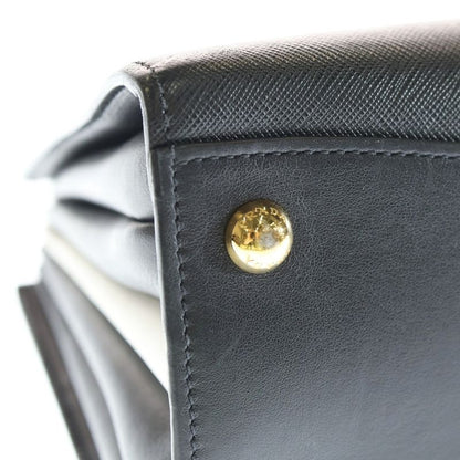 Prada Bibliotheque Handbag Tote Bicolor Black White Sapphire Leather