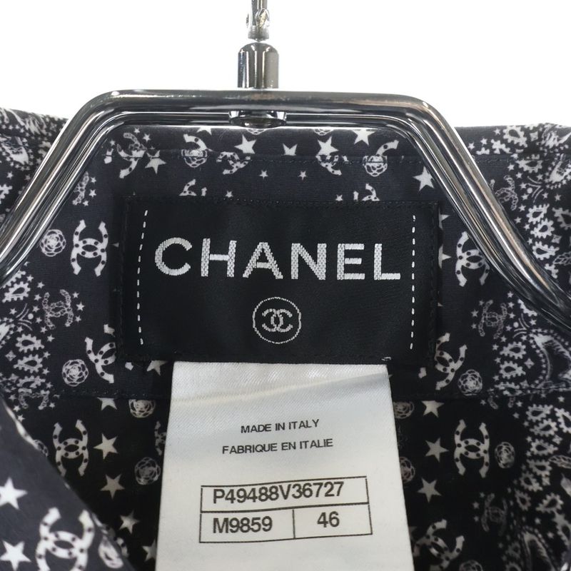 Chanel Star Button Coco Mark Paisley All Over Pattern Long Sleeve Shirt Black