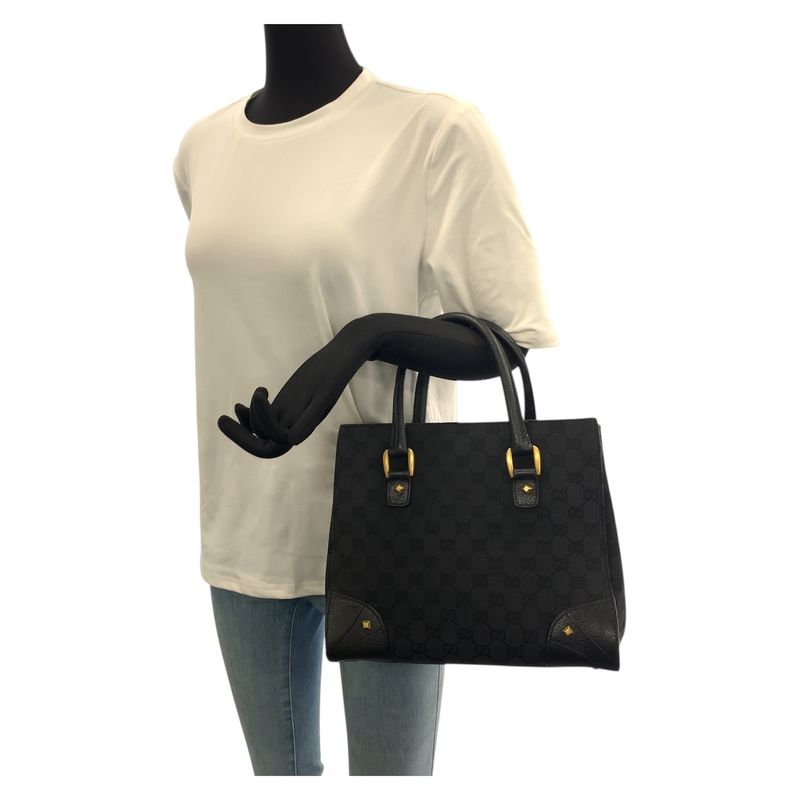 Gucci Black GG Canvas Leather Tote Handbag