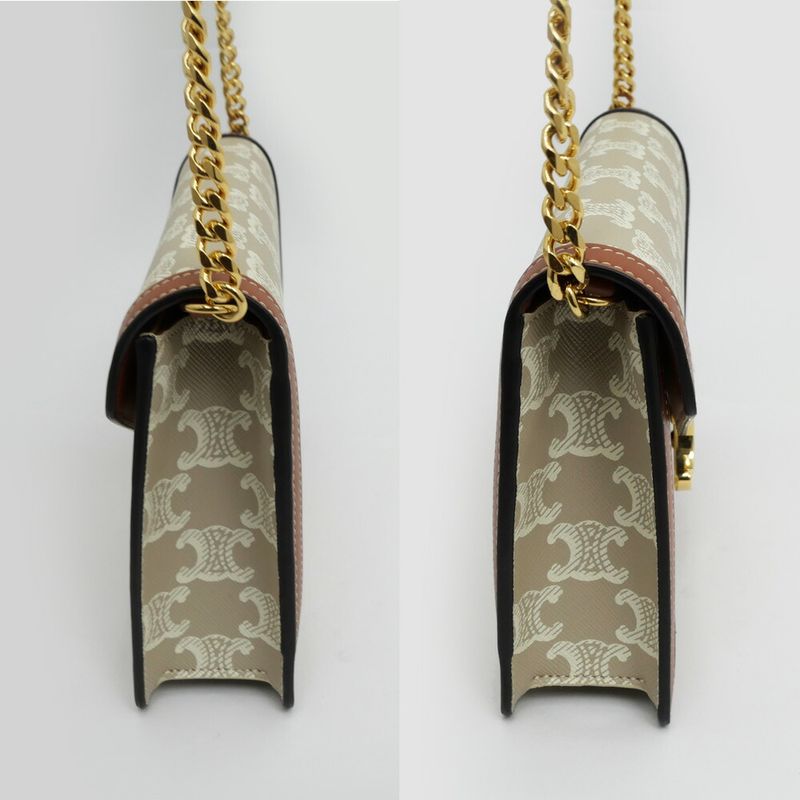 Celine Mago Chain Wallet Triomphe Canvas Beige Clutch