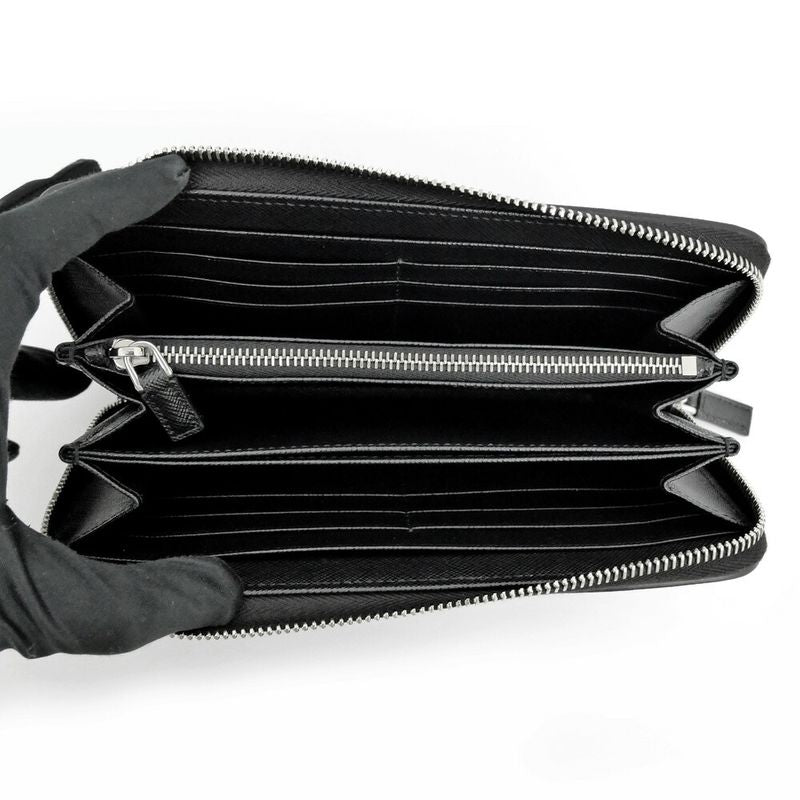 Prada Zip Around Wallet Black Silver Saffiano