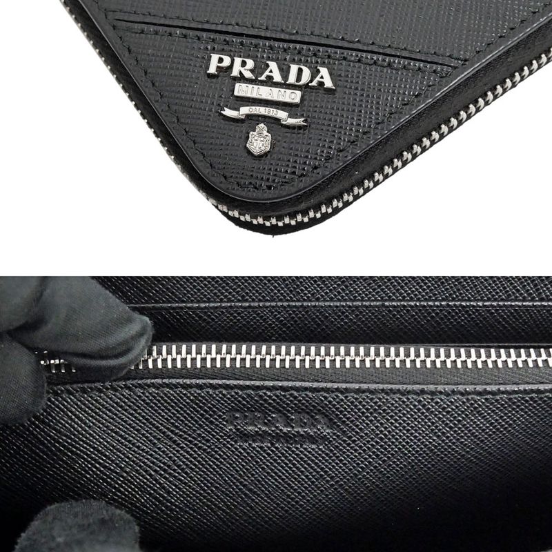 Prada Zip Around Wallet Black Silver Saffiano