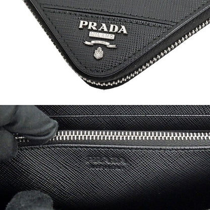 Prada Zip Around Wallet Black Silver Saffiano