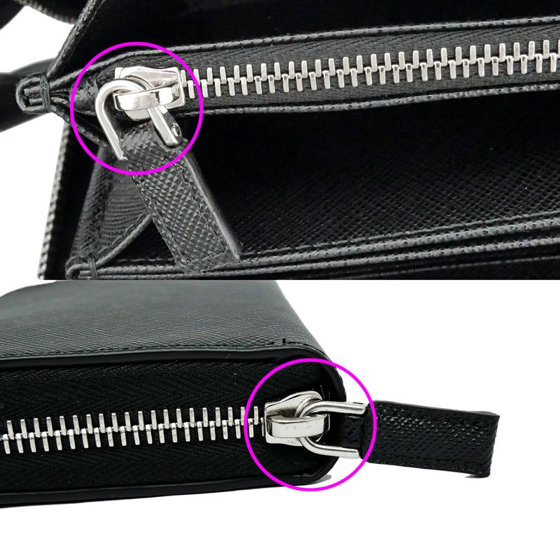 Prada Zip Around Wallet Black Silver Saffiano