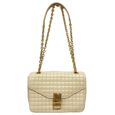 Celine C Medium Chain Shoulder Bag 2-Way Quilted Calfskin Beige