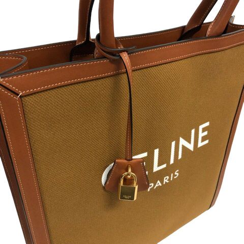 Celine Vertical Cabas Canvas & Calfskin Ochre Tan Brown Tote