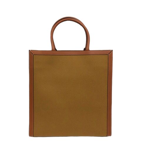 Celine Vertical Cabas Canvas & Calfskin Ochre Tan Brown Tote