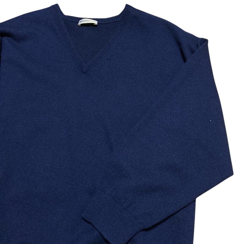 Balenciaga V Neck Back Logo Cashmere Knit Sweater XS Navy