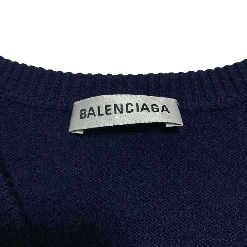 Balenciaga V Neck Back Logo Cashmere Knit Sweater XS Navy