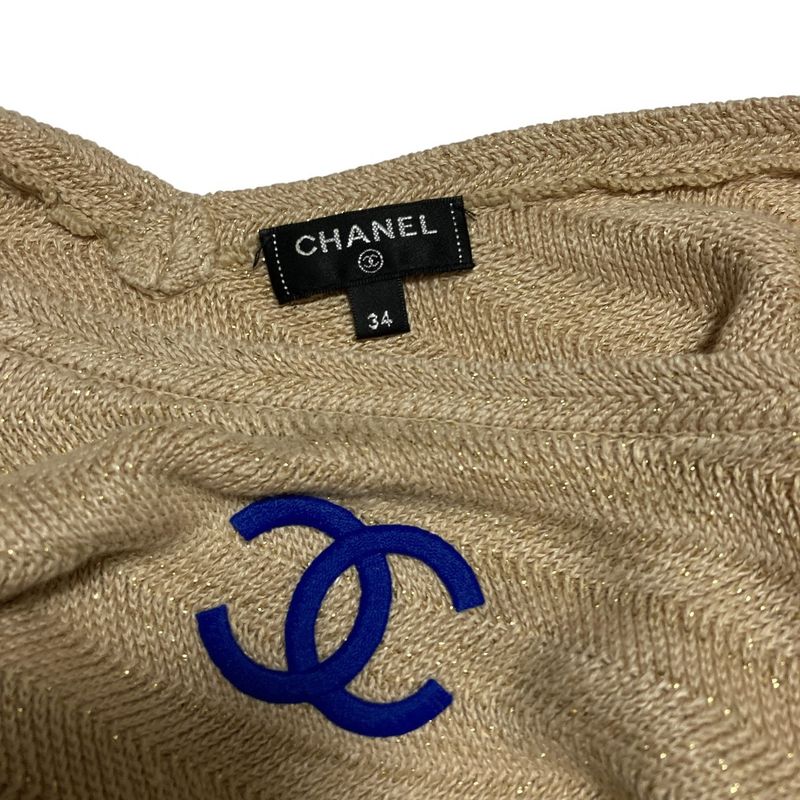 Chanel Coco Mark Border Lame Summer Knit 34 Beige Blue