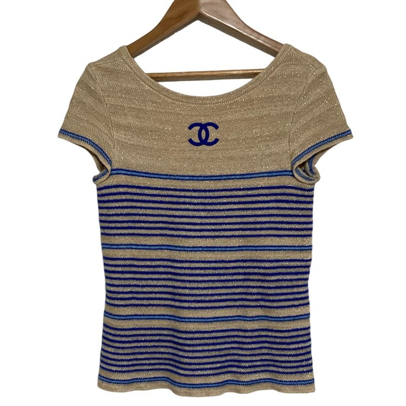 Chanel Coco Mark Border Lame Summer Knit 34 Beige Blue