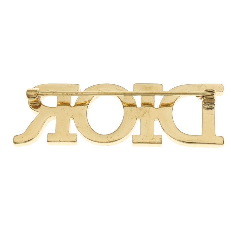 Dior Logo Rhinestone Pin Badge Brooch Gold