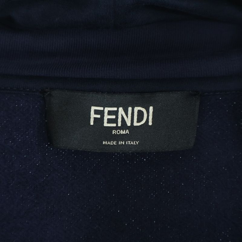 Fendi Ribbed Monster Logo Zip Up Jacket Hooded Jersey Navy
