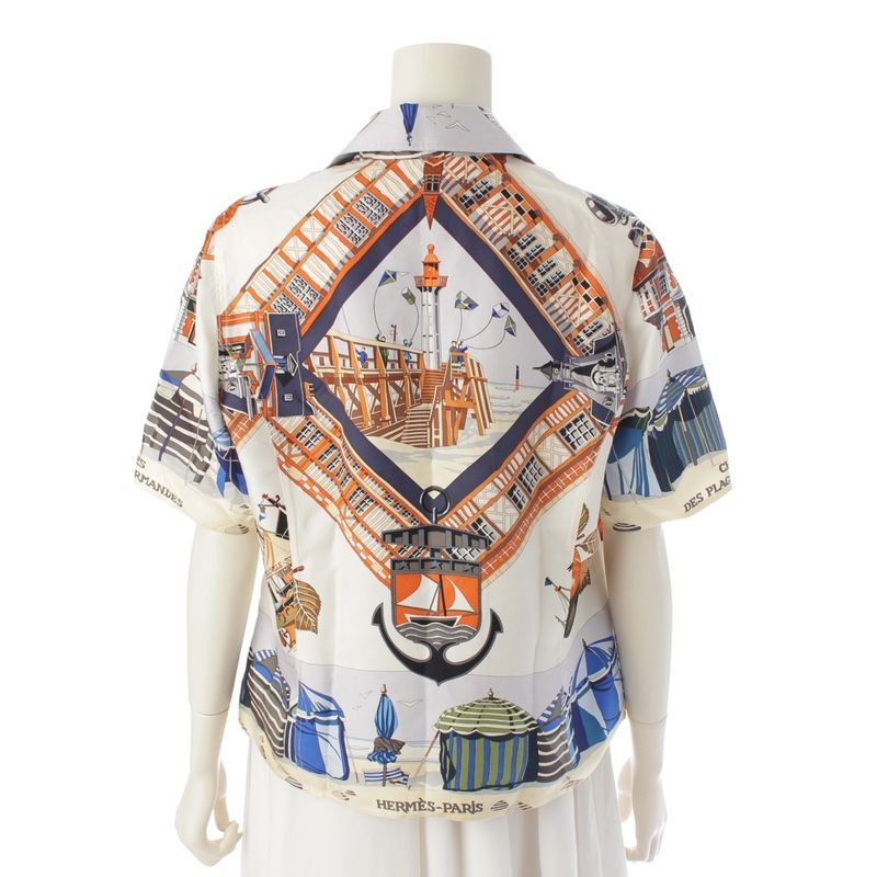 Hermes Margiela Period Normandy Coastal Charm Silk Short Sleeve Blouse Shirt