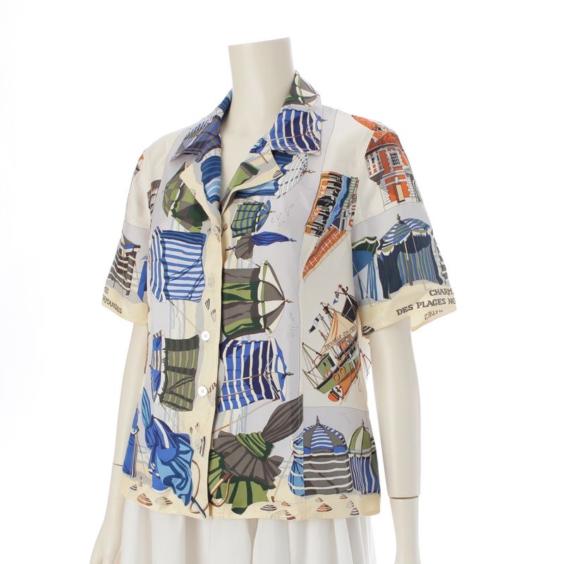 Hermes Margiela Period Normandy Coastal Charm Silk Short Sleeve Blouse Shirt