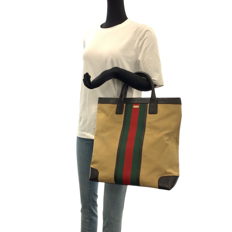 Gucci Sherry Line Beige Brown Canvas Leather 002 Tote Handbag
