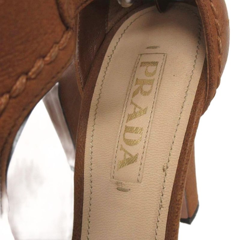 Prada Open Heel Sandals Leather Brown 37 Approx