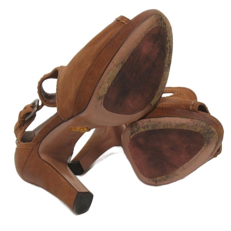 Prada Open Heel Sandals Leather Brown 37 Approx