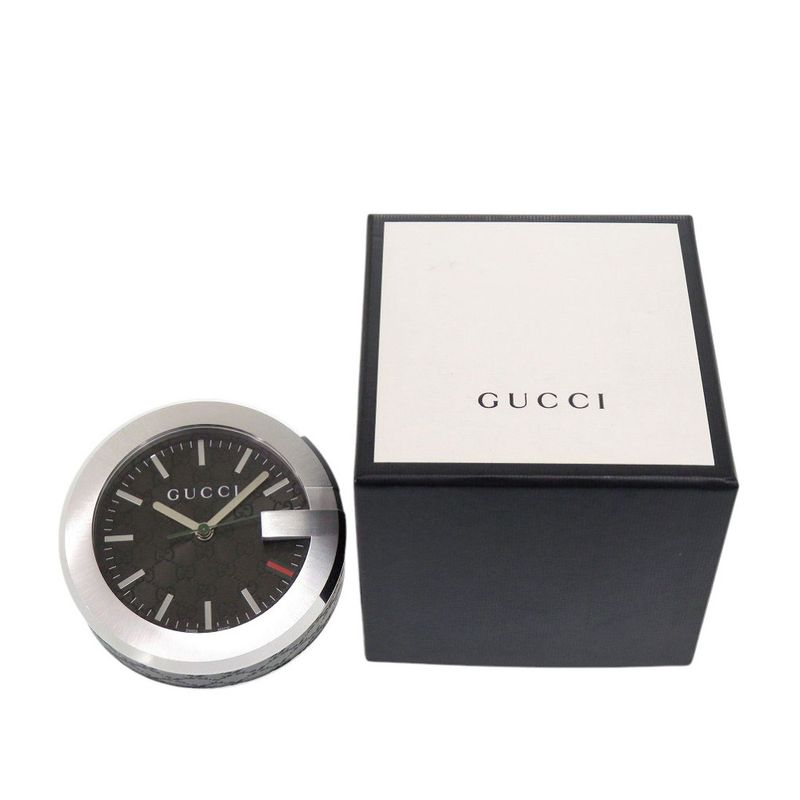 Gucci Table Clock 210 Black SS Leather Dial Quartz