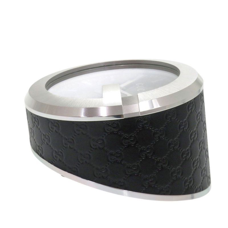 Gucci Table Clock 210 Black SS Leather Dial Quartz