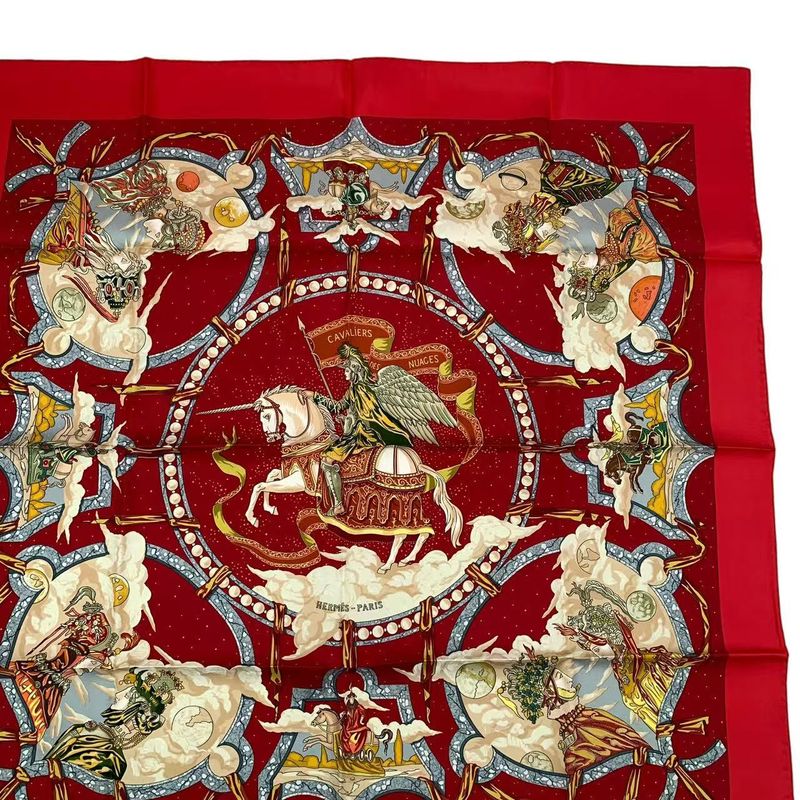 Hermes Carre 90 Scarf Silk Cavaliers Des Nuages Cloud Knight Red Box