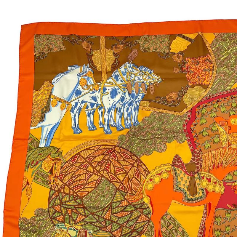 Hermes Carre 90 Art Des Steppes Step Art Scarf Silk Orange