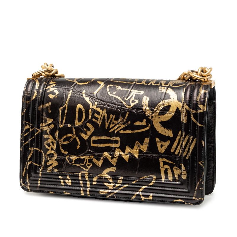 Chanel Beautiful Croco Shape Push Chain Shoulder Bag Black Gold Leather