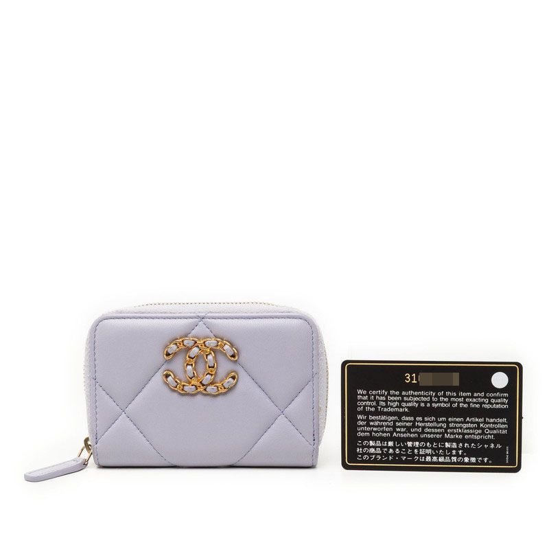Chanel CC Logo Quilted Chanel 19 Card Case Zip Around Purple