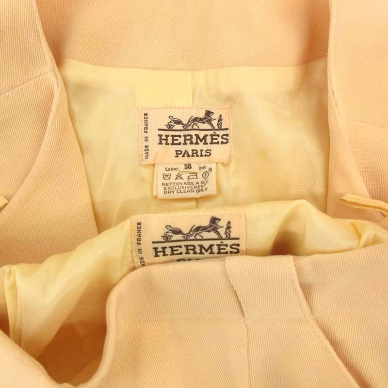 Hermes Vintage Setup Suit Formal Jacket Skirt Wool 38 Yellow FF