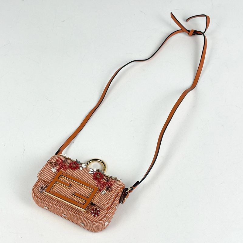 Fendi Nano Baguette Charm Logo 2-Way Cross Beads Canvas Orange