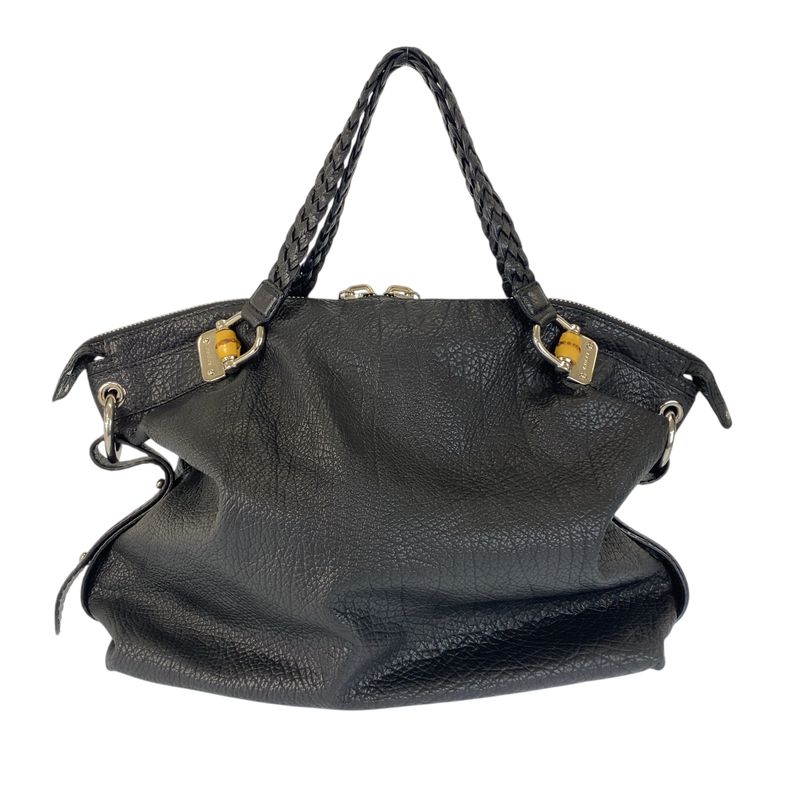 Gucci Bamboo Black Silver Leather Tote Shoulder Bag