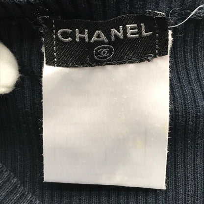 Chanel CC Logo Button Rib Knit Short Sleeve Top Navy Sweater