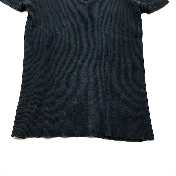 Chanel CC Logo Button Rib Knit Short Sleeve Top Navy Sweater