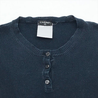 Chanel CC Logo Button Rib Knit Short Sleeve Top Navy Sweater