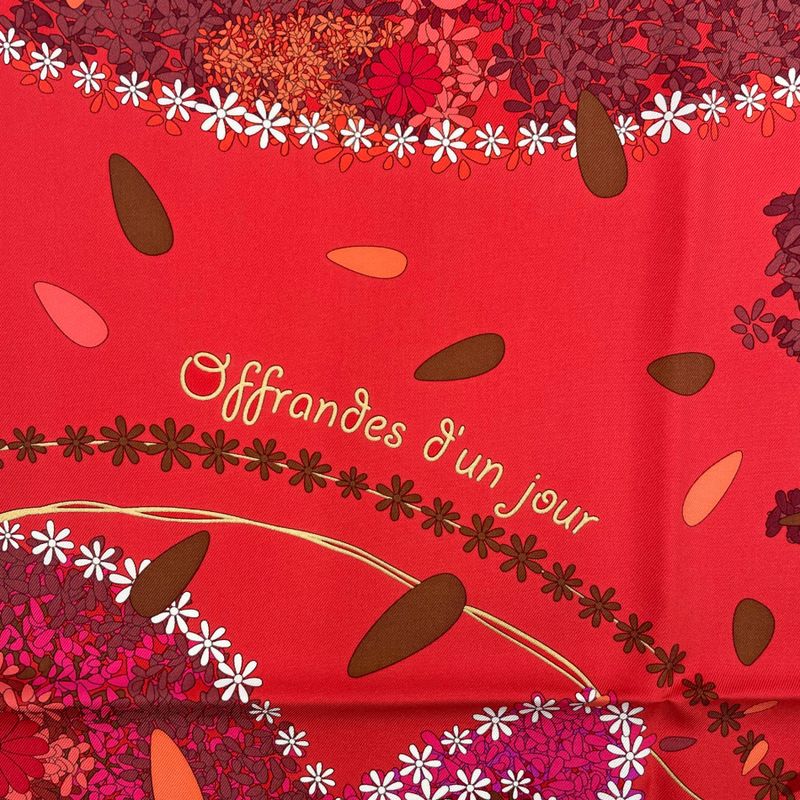 Hermes Scarf Carre 90 100% Silk Offrandes Dun Jour Flower Offering Red Box