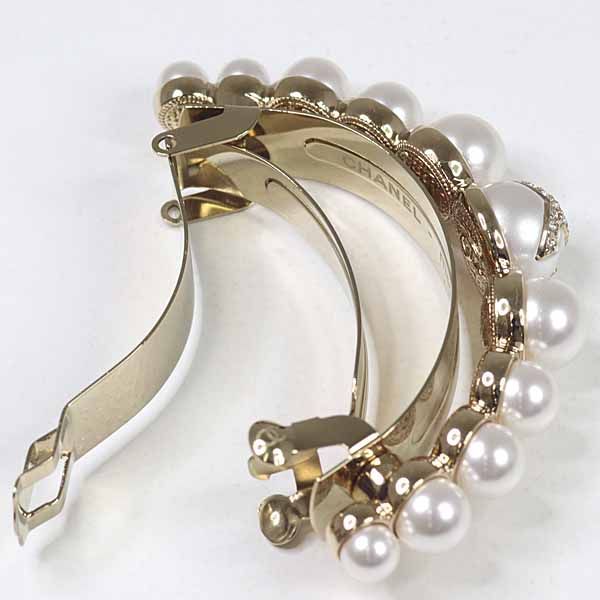 Chanel Pony Barrette Hair CC Logo Rhinestone Fake Pearl Gold