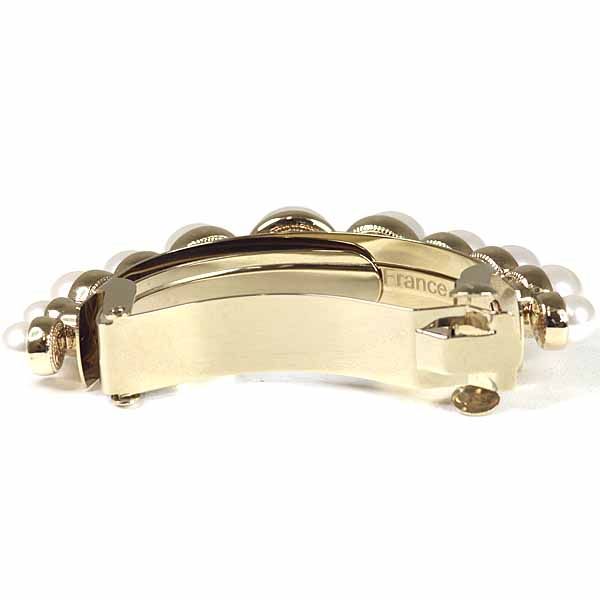 Chanel Pony Barrette Hair CC Logo Rhinestone Fake Pearl Gold
