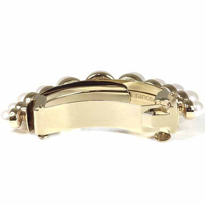 Chanel Pony Barrette Hair CC Logo Rhinestone Fake Pearl Gold