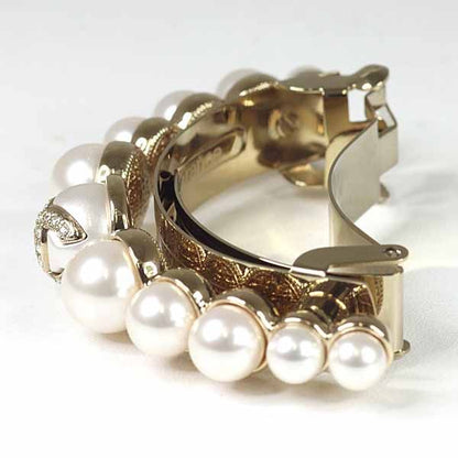 Chanel Pony Barrette Hair CC Logo Rhinestone Fake Pearl Gold