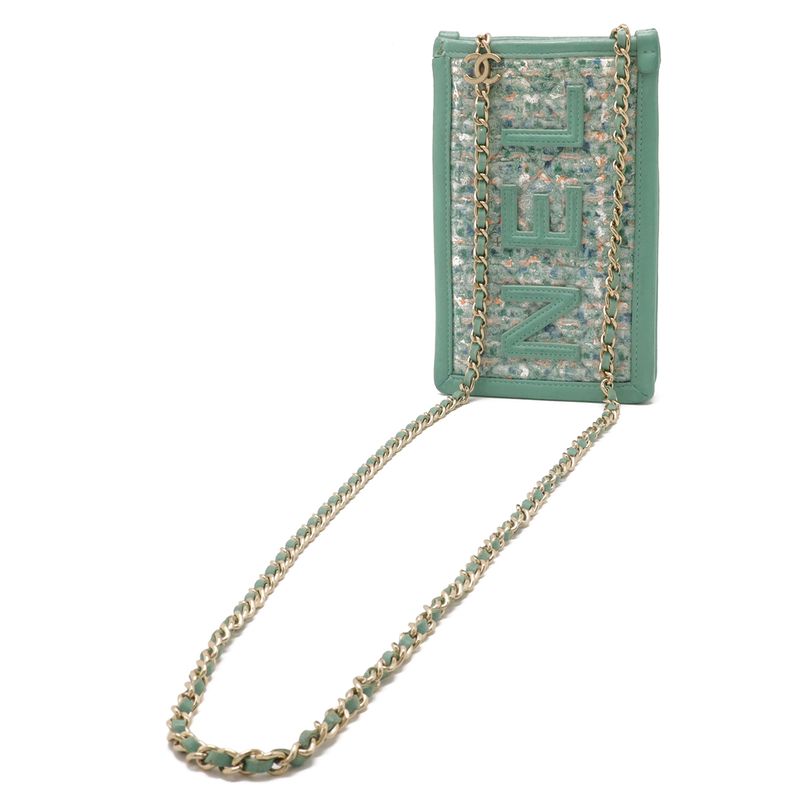 Chanel Logo Tweed Chain Shoulder Pouch Vinyl Leather Clear