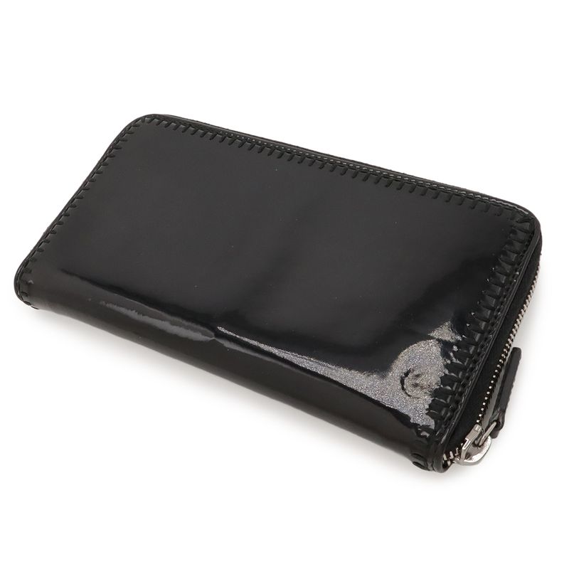 Chanel CC Logo Zip Around Wallet Enamel Patent Leather Black Silver Har