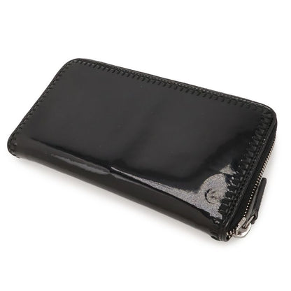 Chanel CC Logo Zip Around Wallet Enamel Patent Leather Black Silver Har