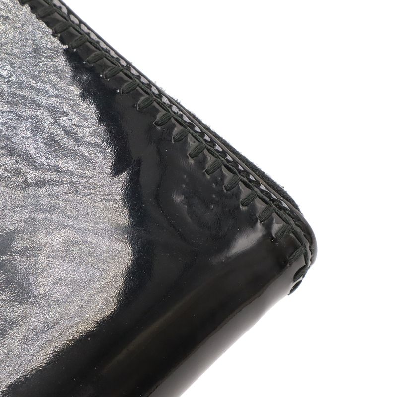 Chanel CC Logo Zip Around Wallet Enamel Patent Leather Black Silver Har