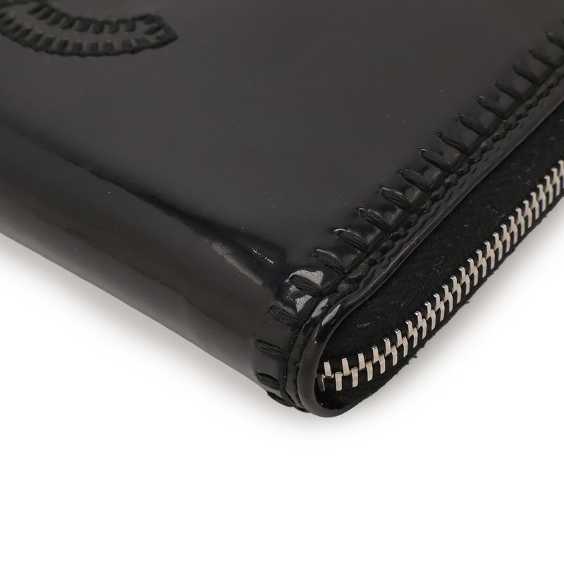 Chanel CC Logo Zip Around Wallet Enamel Patent Leather Black Silver Har