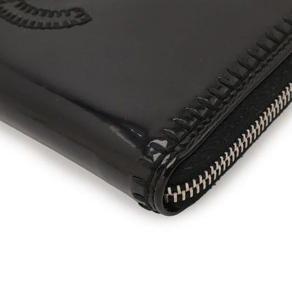 Chanel CC Logo Zip Around Wallet Enamel Patent Leather Black Silver Har